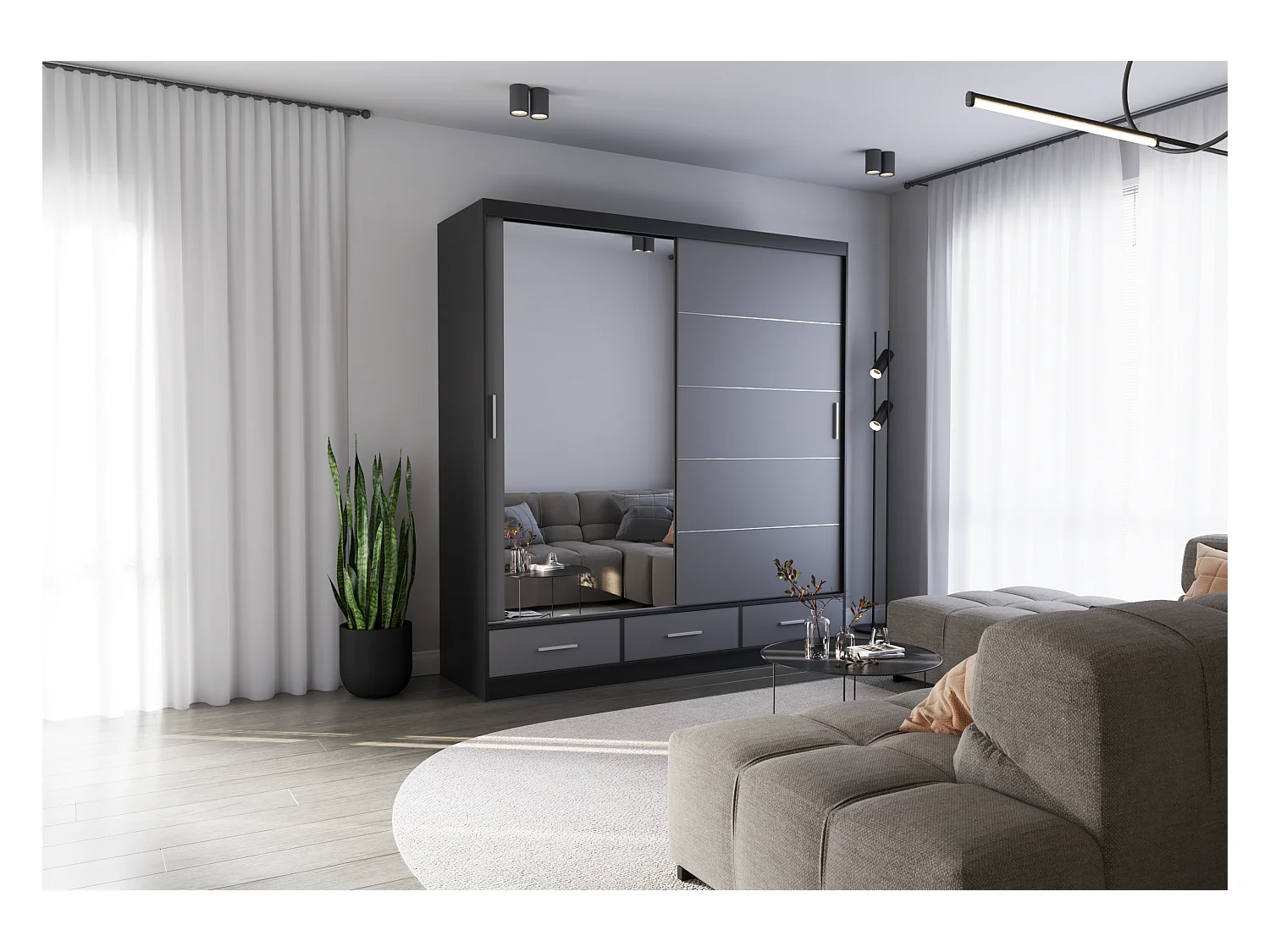 Armoire Solian 203 cm avec miroir - Noir - Gris