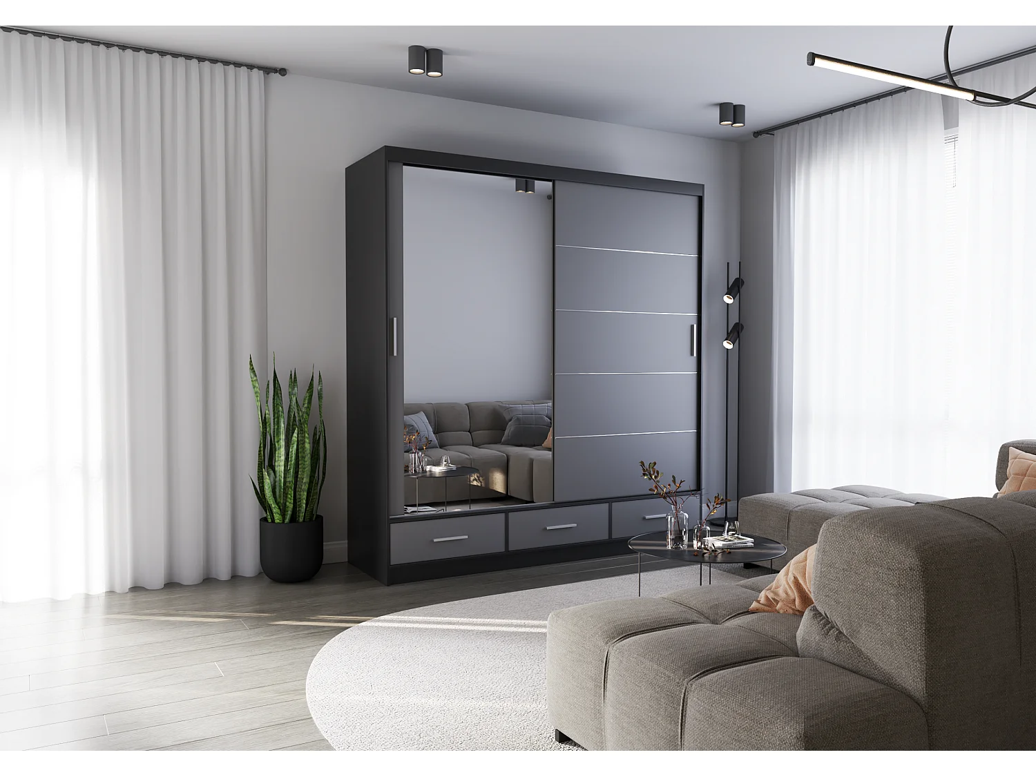 Armoire Solian 203 cm avec miroir - Noir - Gris