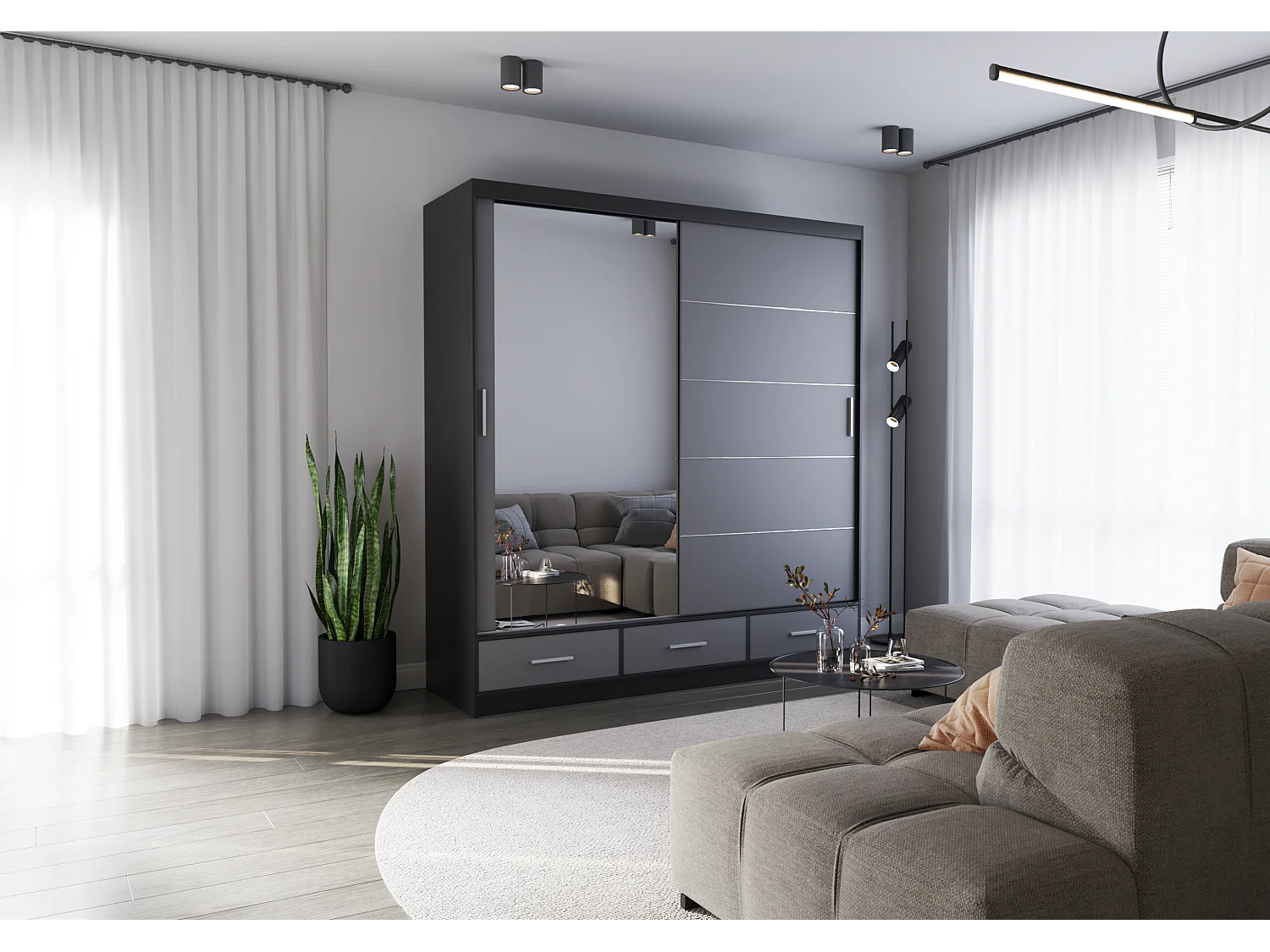 Armoire Solian 203 cm avec miroir - Noir - Gris