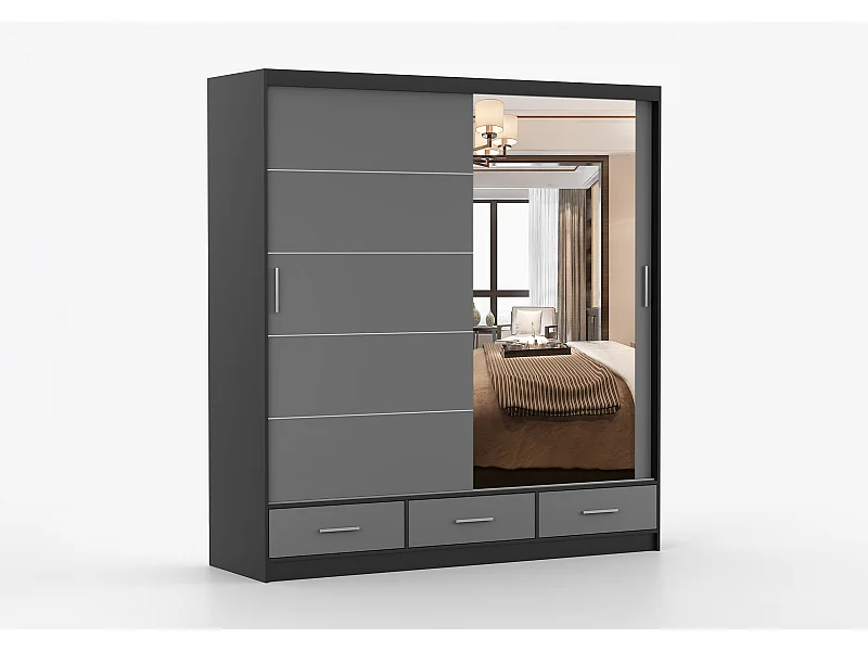 Armoire Solian 203 cm avec miroir - Noir - Gris