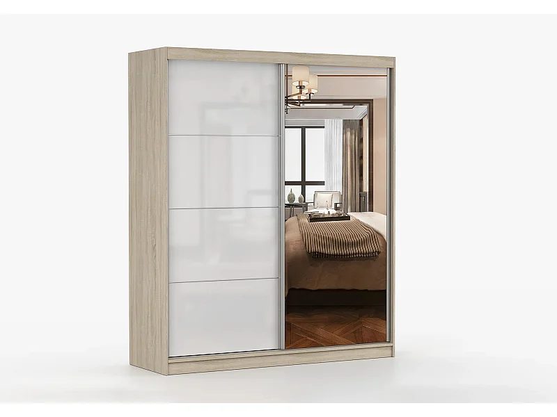 Armoire Naélie 183 cm avec miroir - Chêne - Blanc