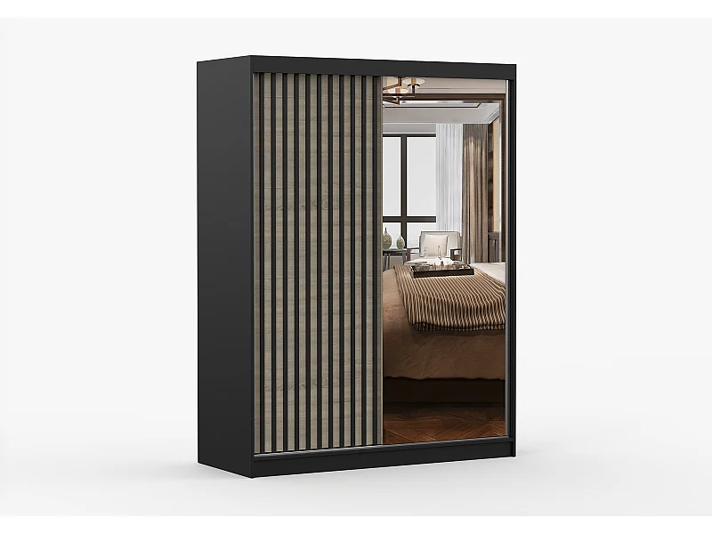 Armoire Nélia 150 cm avec miroir - Noir - Chêne