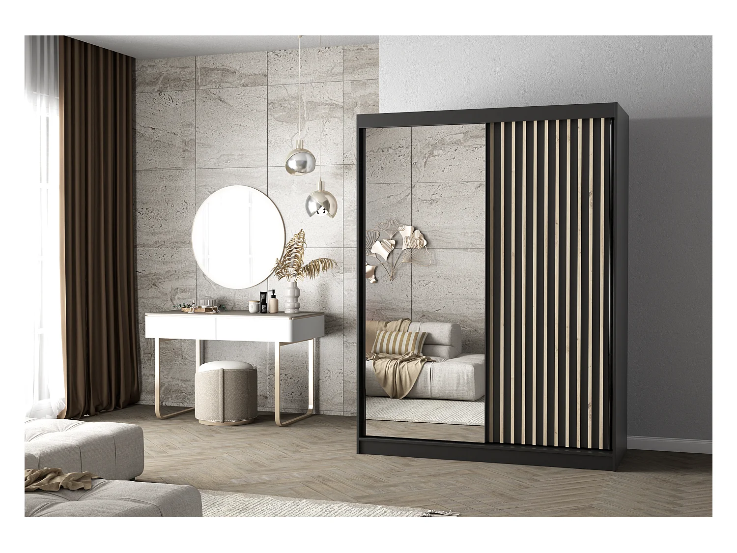Armoire Nélia 150 cm avec miroir - Noir - Chêne