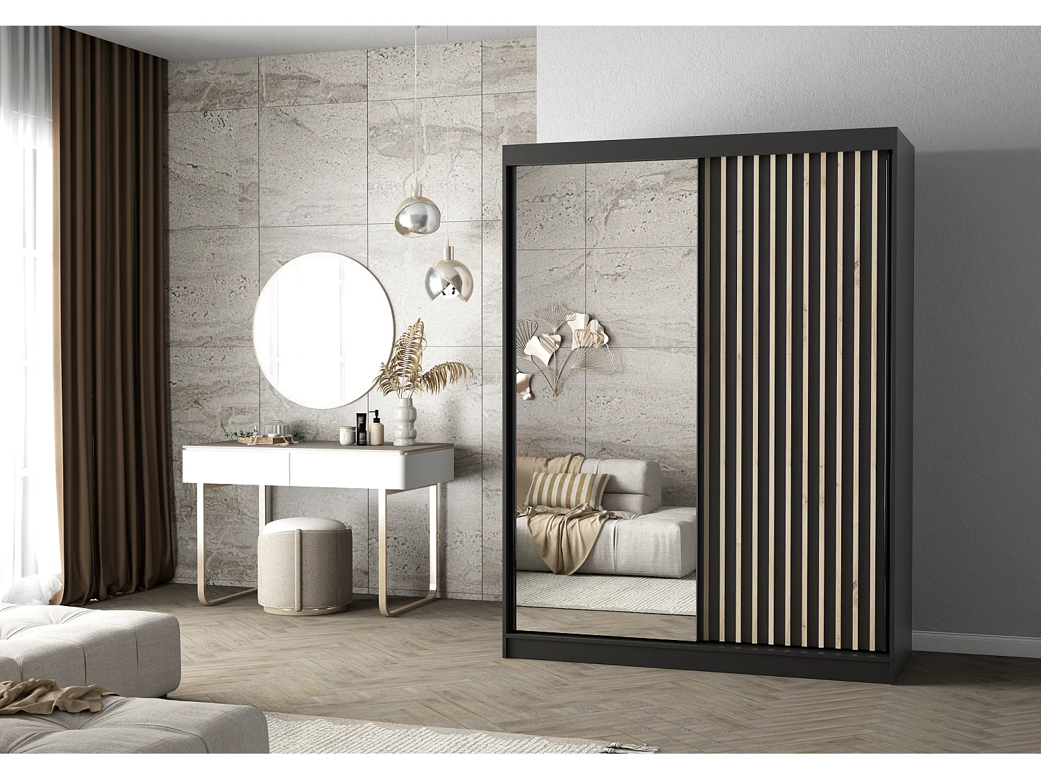 Armoire Nélia 150 cm avec miroir - Noir - Chêne