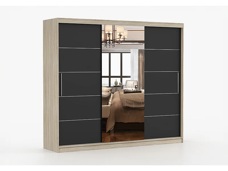 Armoire Théana avec miroir 250 cm - Chêne - Noir