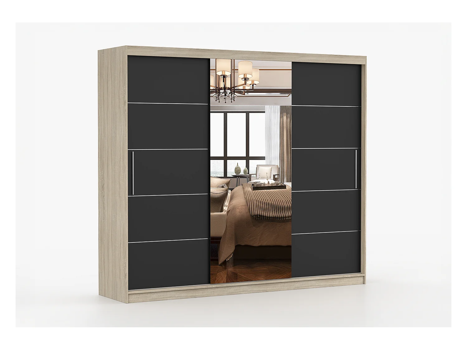 Armoire Théana avec miroir 250 cm - Chêne - Noir