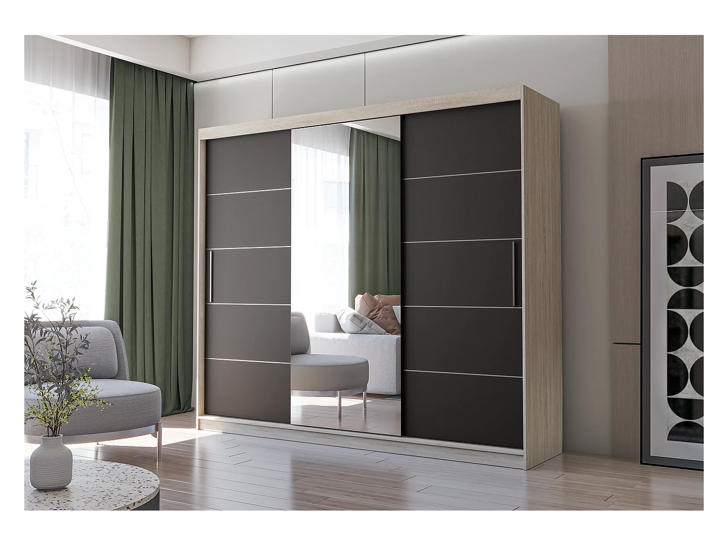 Armoire Théana avec miroir 250 cm - Chêne - Noir