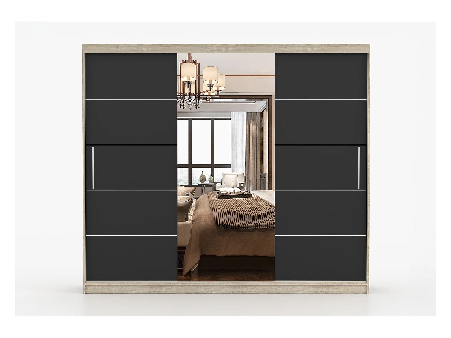 Armoire Théana avec miroir 250 cm - Chêne - Noir