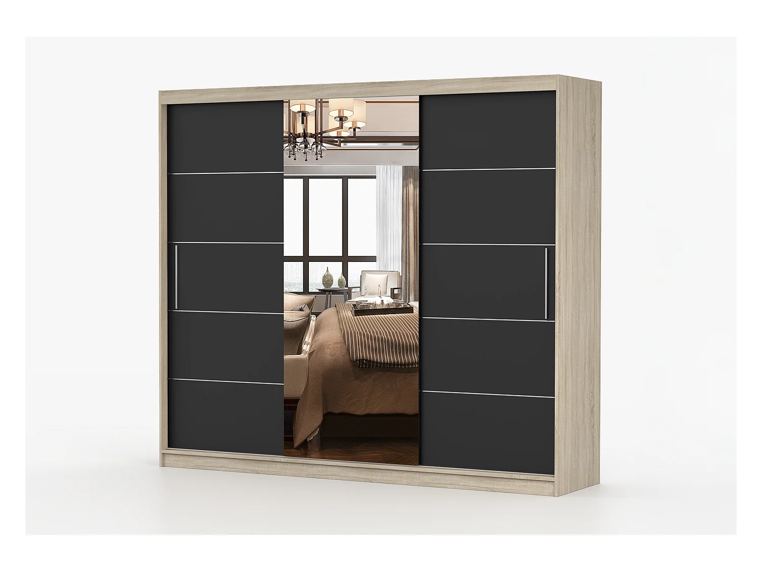 Armoire Théana avec miroir 250 cm - Chêne - Noir
