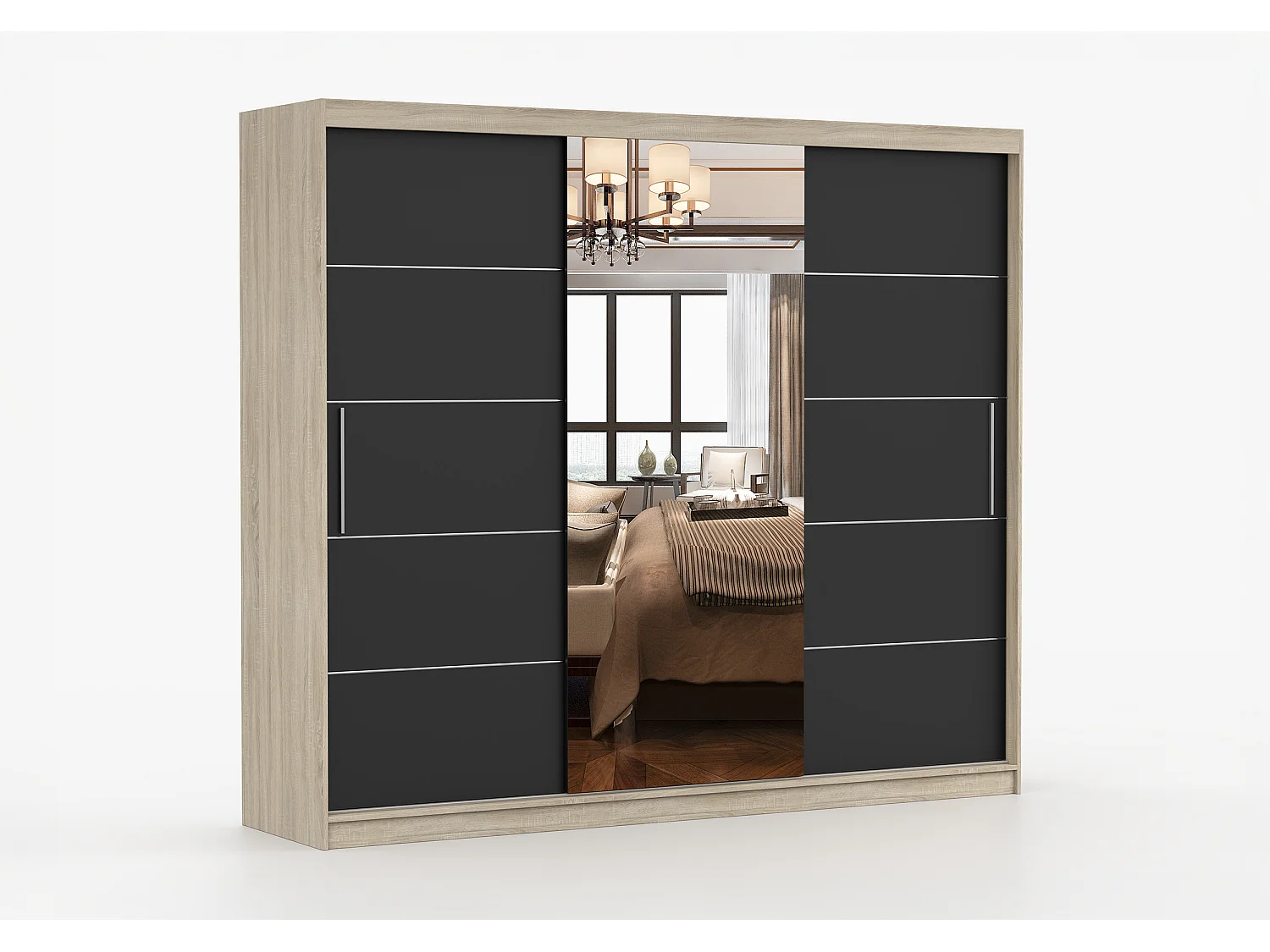 Armoire Théana avec miroir 250 cm - Chêne - Noir