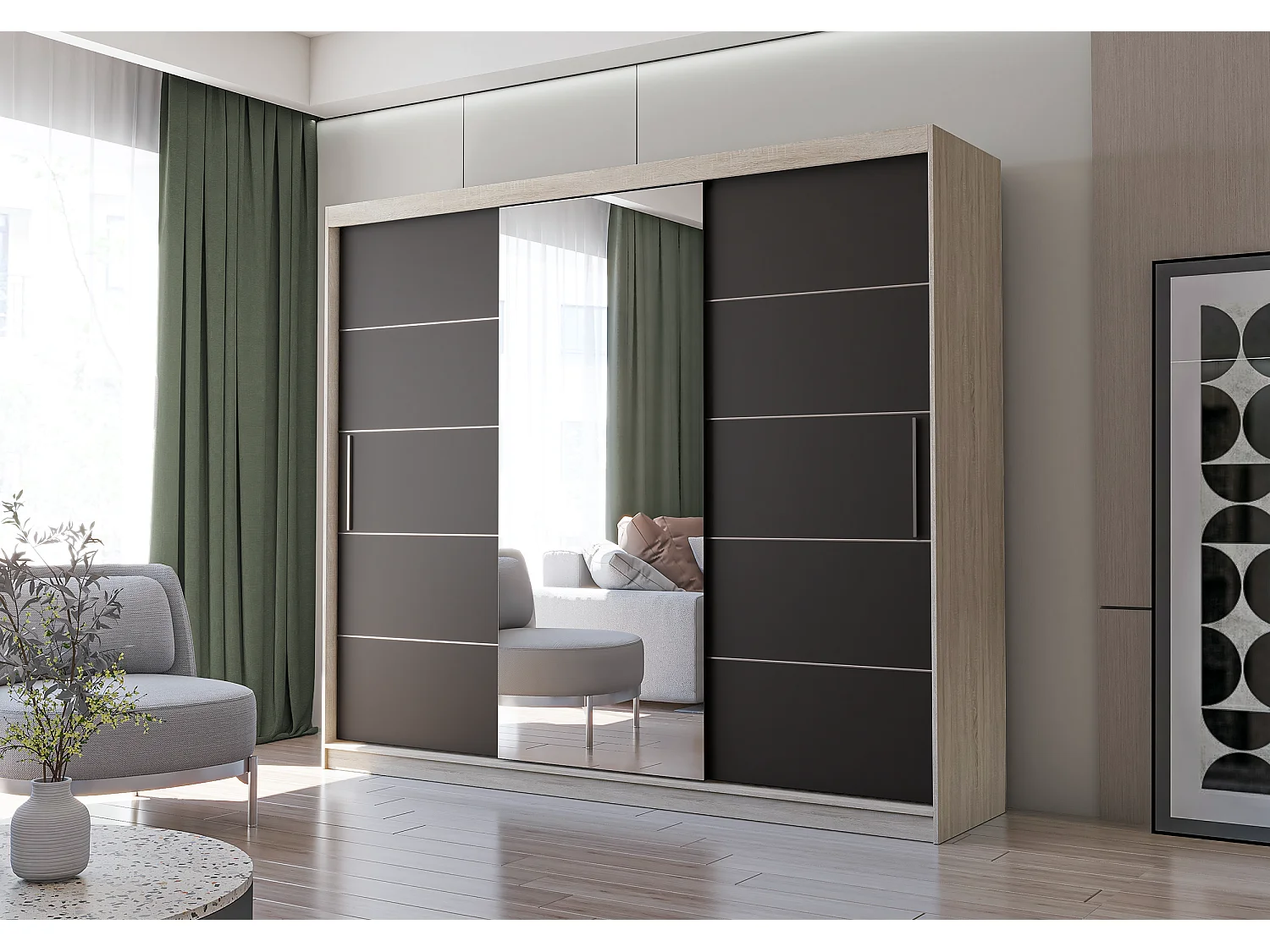 Armoire Théana avec miroir 250 cm - Chêne - Noir