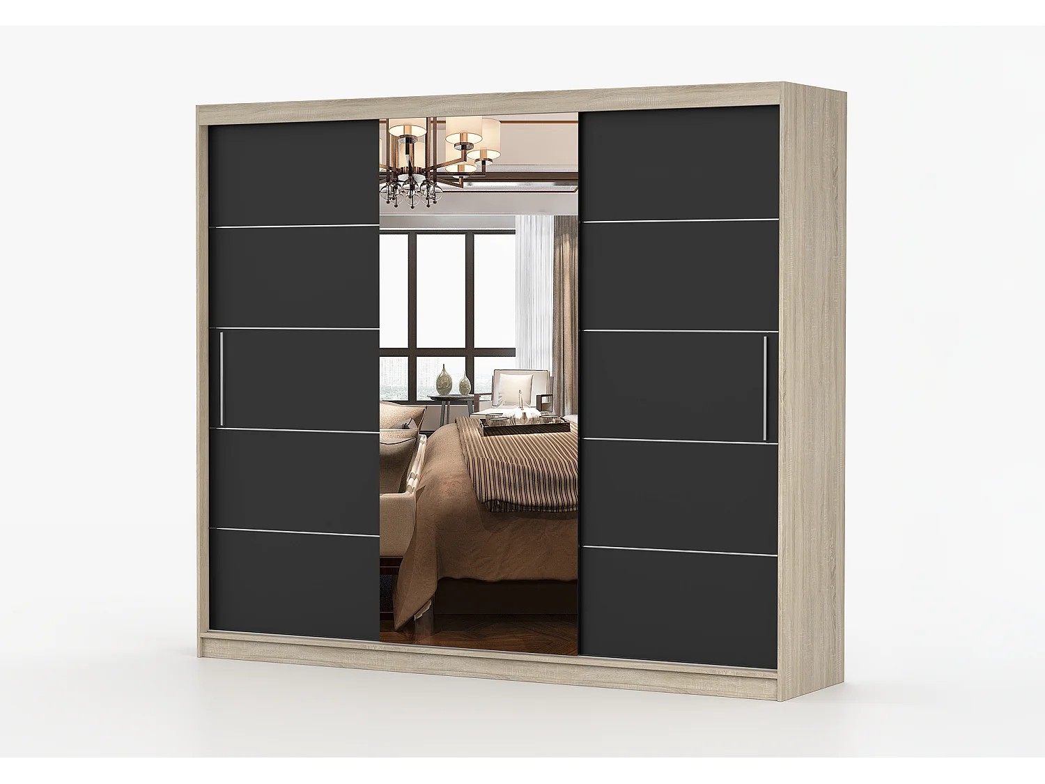 Armoire Théana avec miroir 250 cm - Chêne - Noir