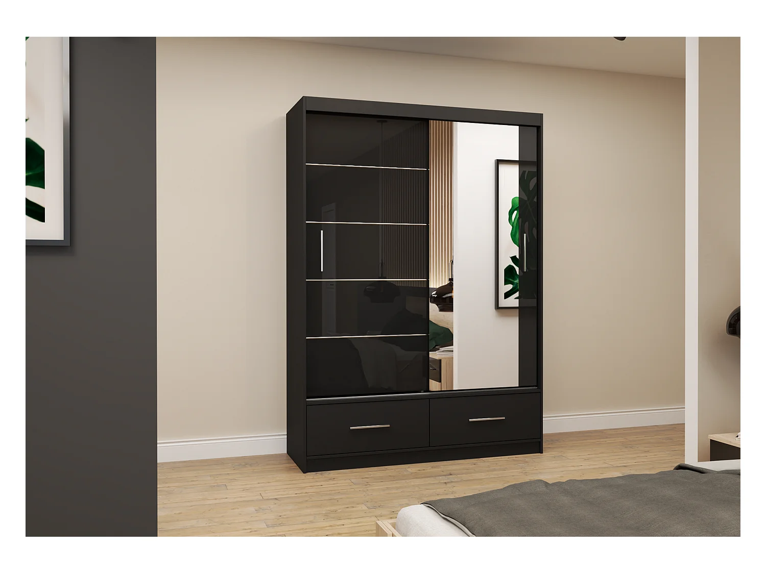 Armoire Saphina 150 cm avec miroir - Noir