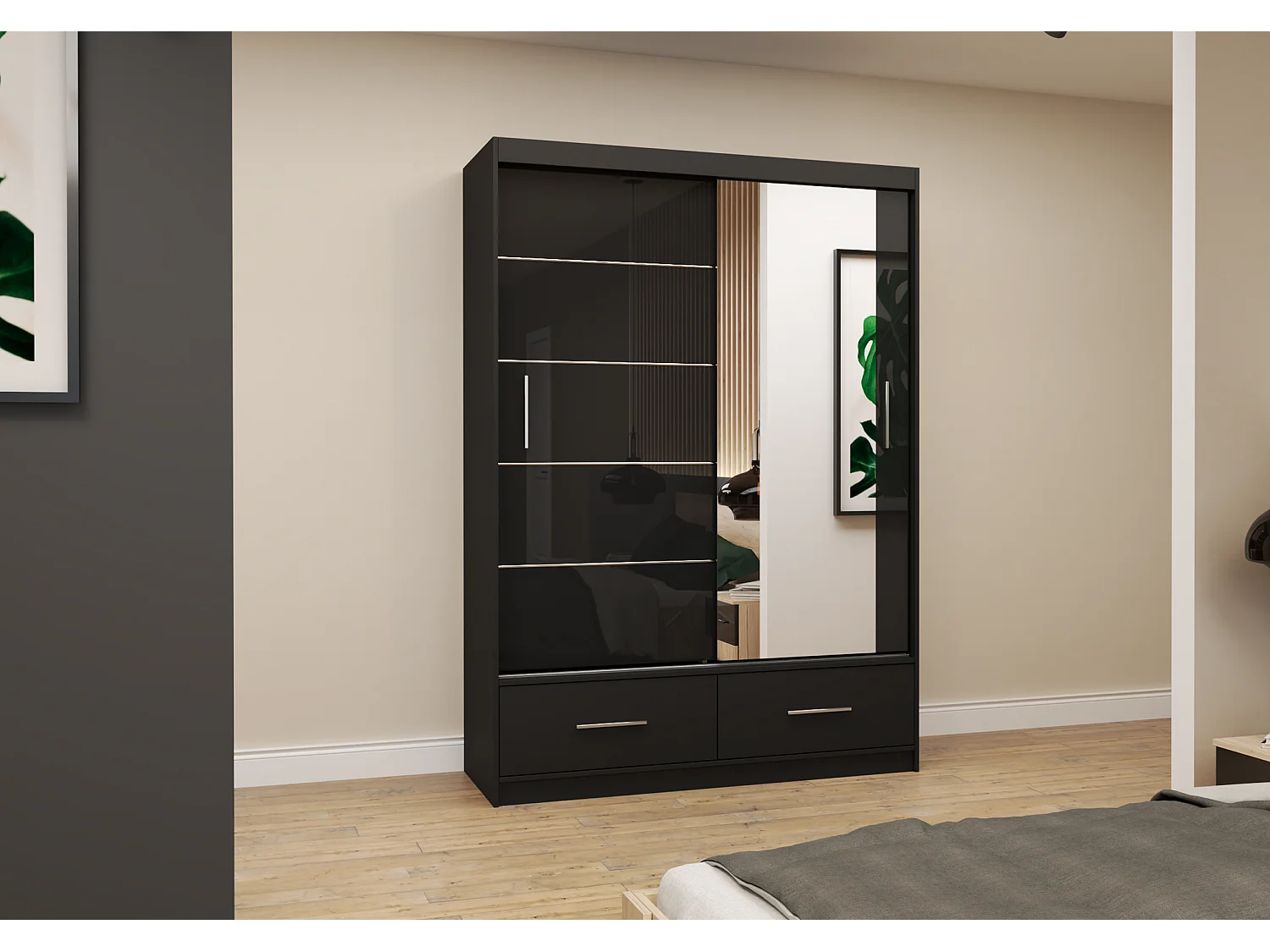 Armoire Saphina 150 cm avec miroir - Noir