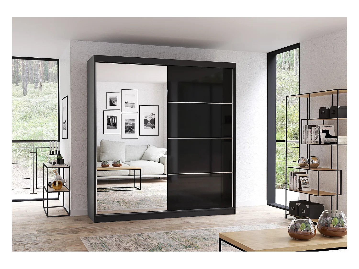 Armoire Calypso 203 cm avec miroir - Noir