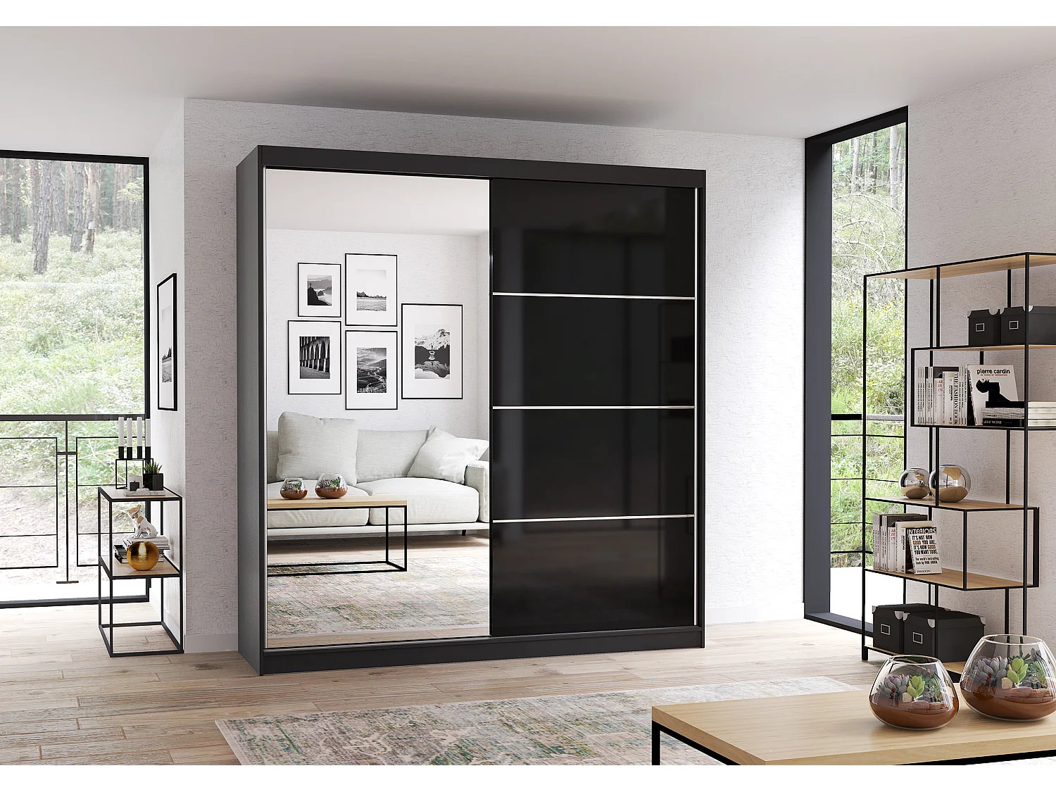 Armoire Calypso 203 cm avec miroir - Noir