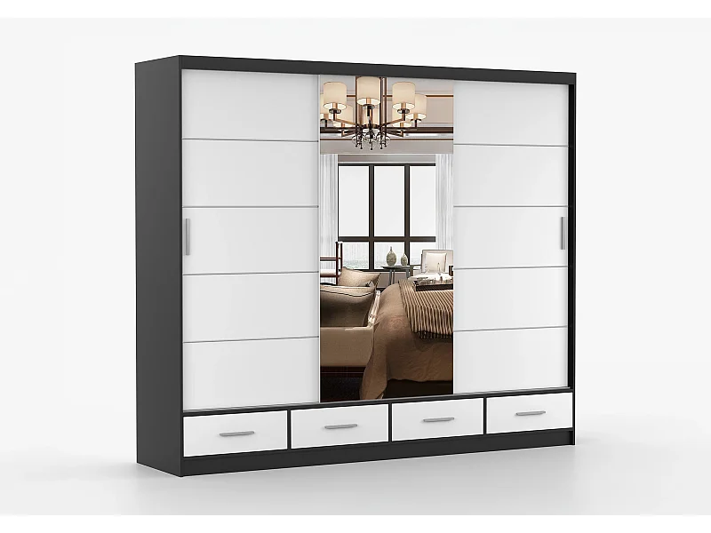 Armoire Silas 250 cm avec miroir - Noir - Blanc