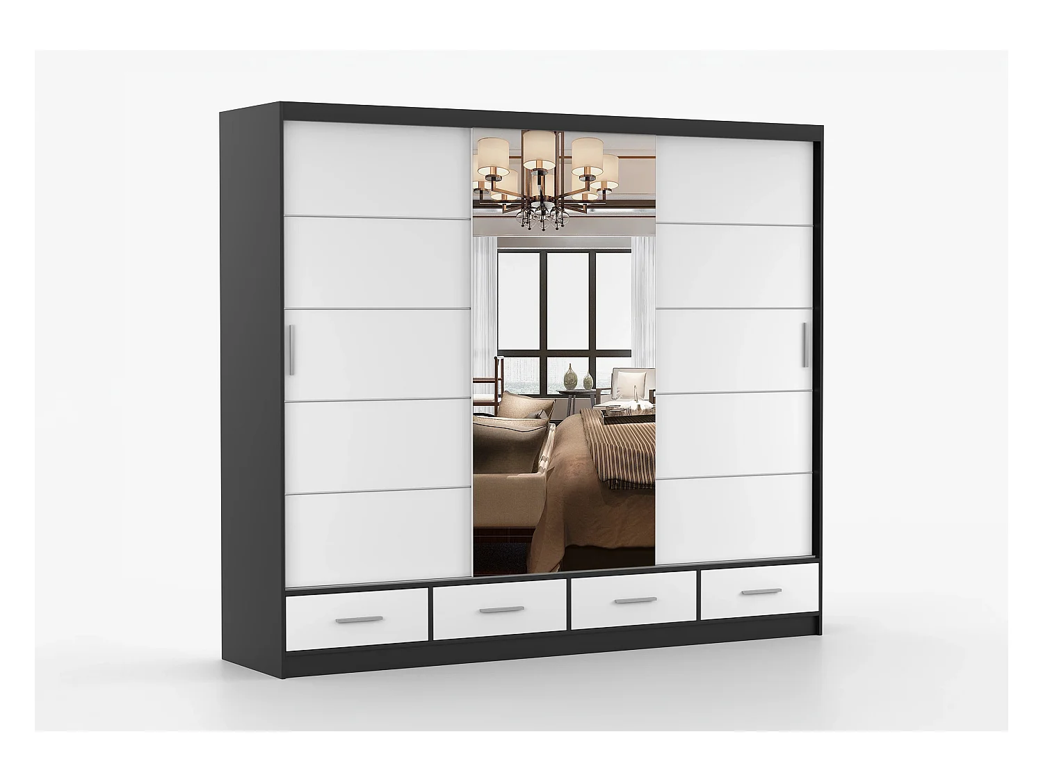 Armoire Silas 250 cm avec miroir - Noir - Blanc