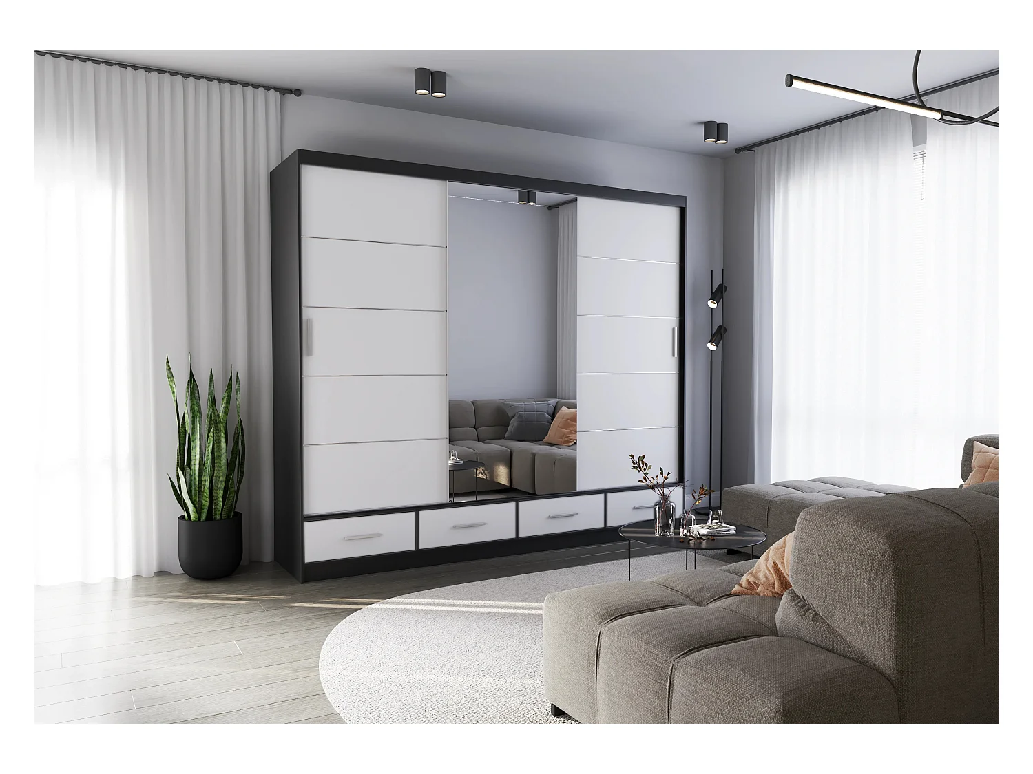 Armoire Silas 250 cm avec miroir - Noir - Blanc