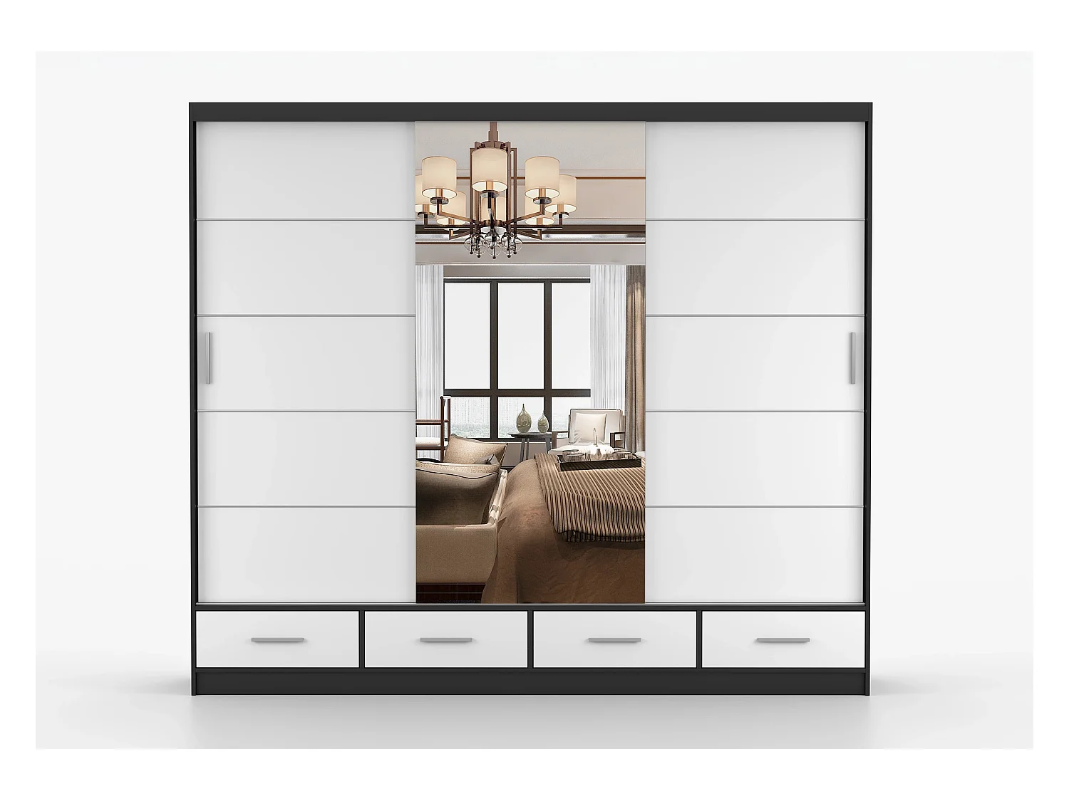 Armoire Silas 250 cm avec miroir - Noir - Blanc