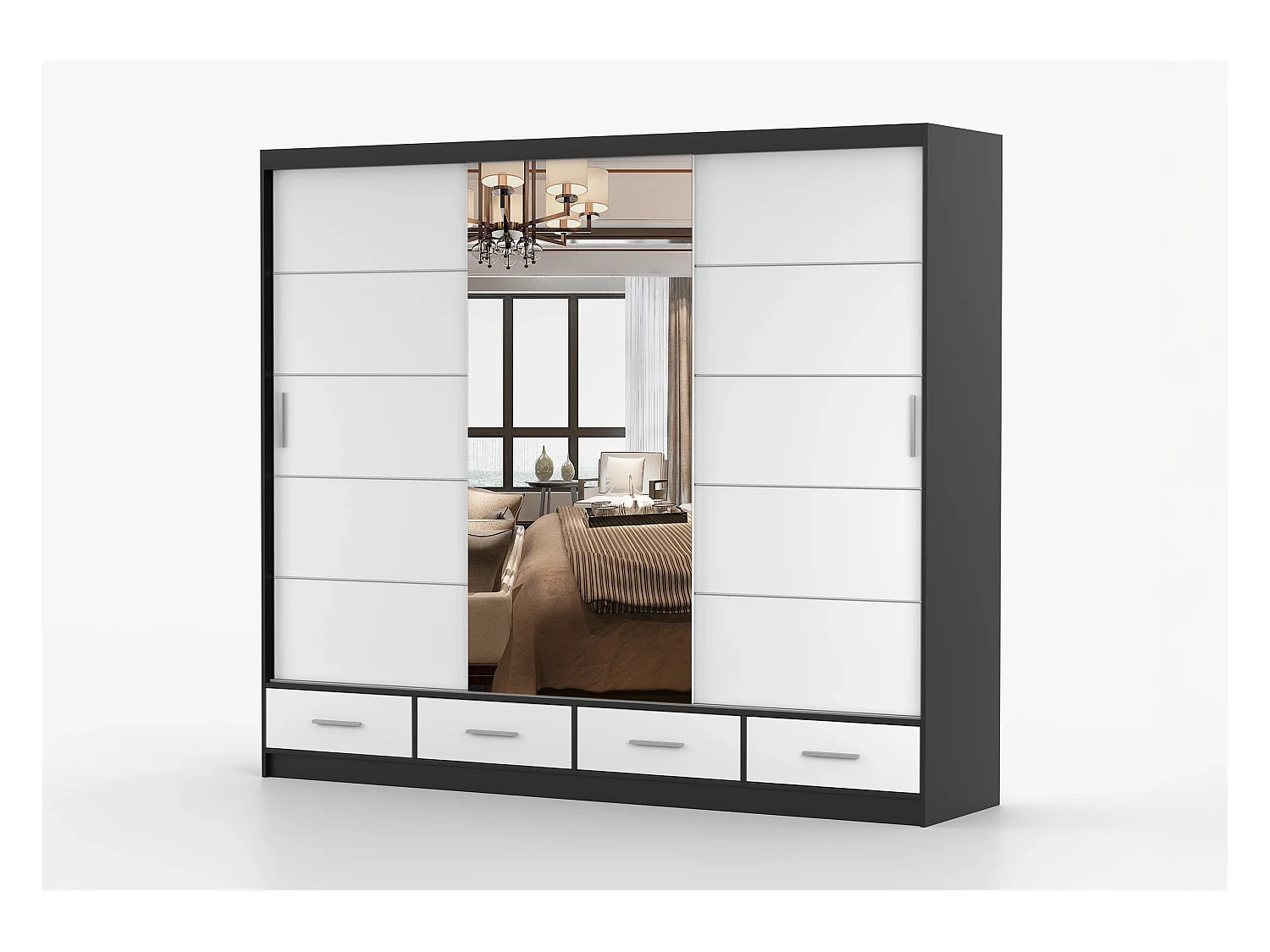 Armoire Silas 250 cm avec miroir - Noir - Blanc