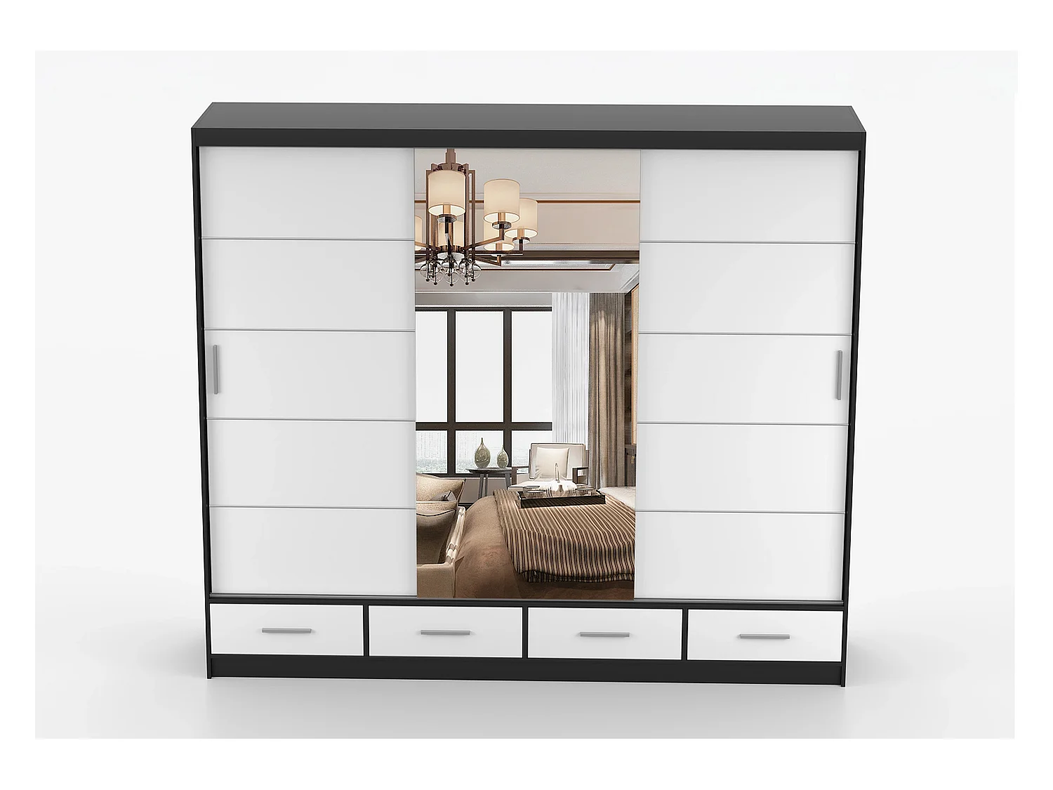 Armoire Silas 250 cm avec miroir - Noir - Blanc