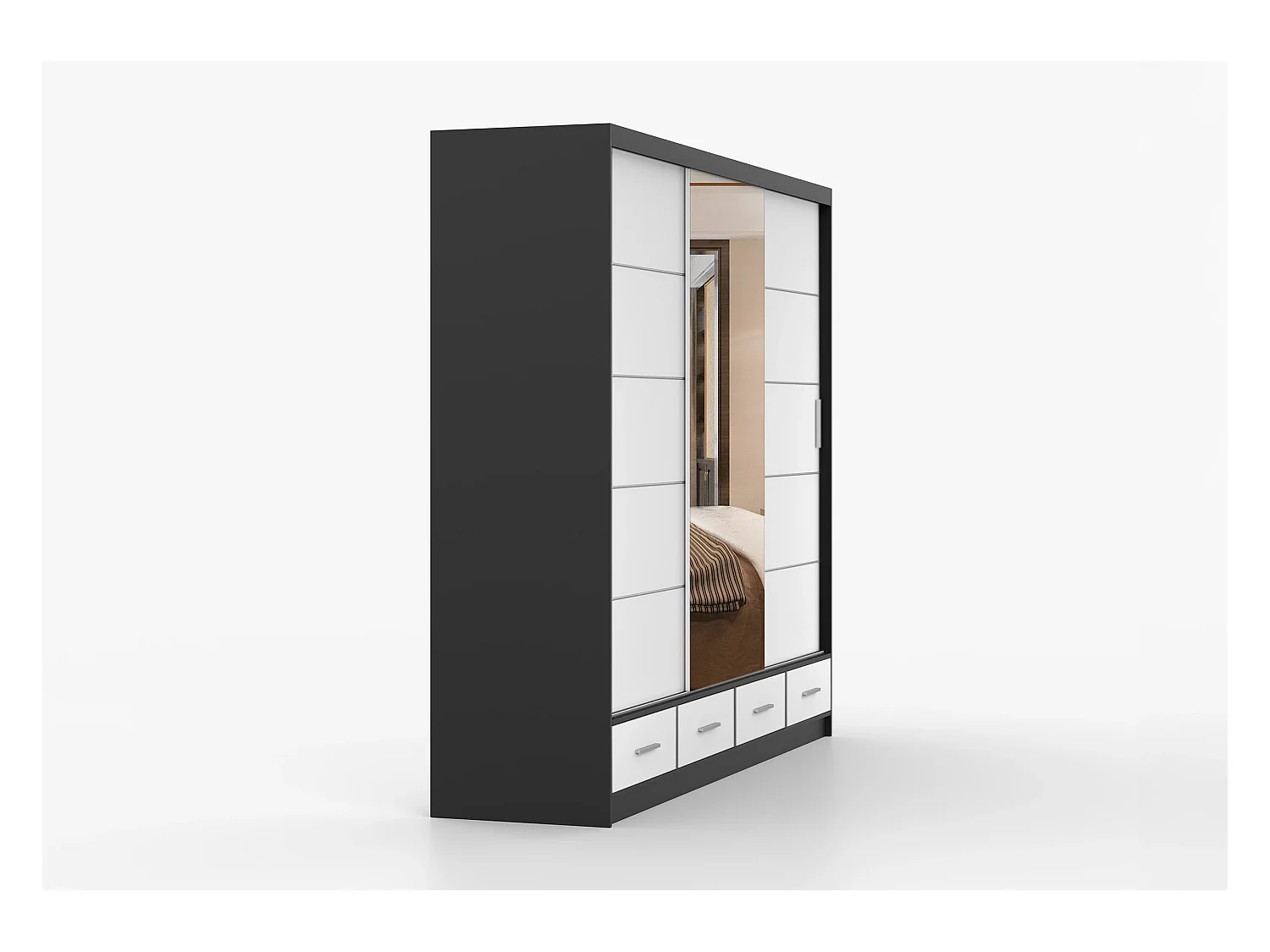 Armoire Silas 250 cm avec miroir - Noir - Blanc