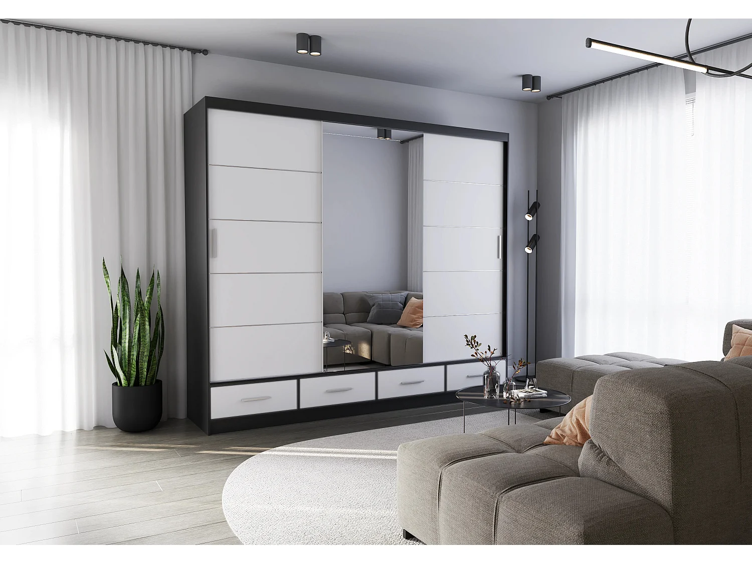 Armoire Silas 250 cm avec miroir - Noir - Blanc