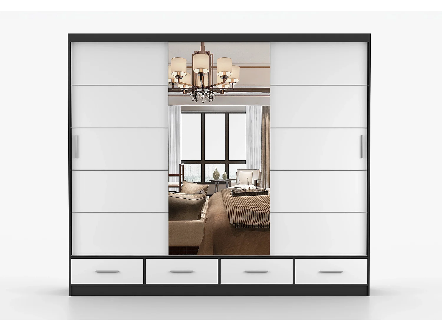 Armoire Silas 250 cm avec miroir - Noir - Blanc