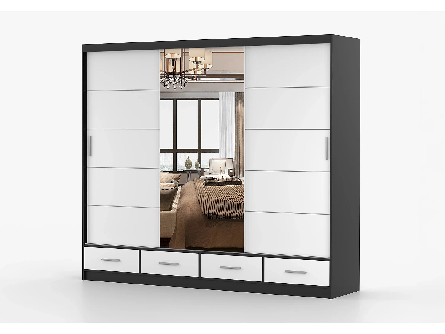 Armoire Silas 250 cm avec miroir - Noir - Blanc