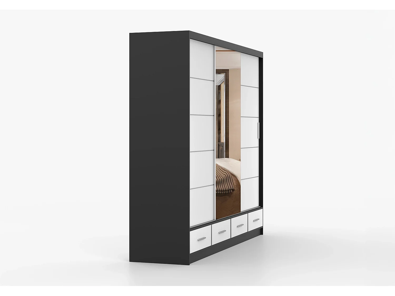 Armoire Silas 250 cm avec miroir - Noir - Blanc