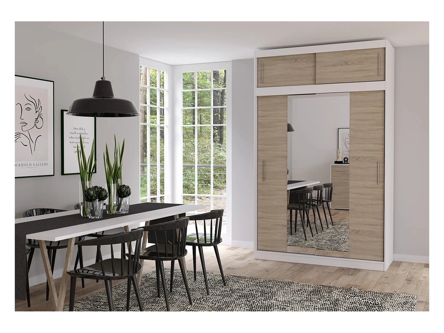 Armoire avec extension Nahelys 150 cm avec miroir - Blanc - Chêne