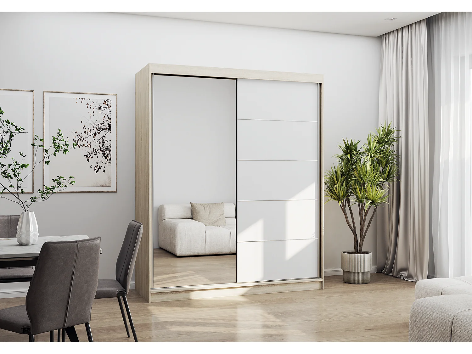 Armoire Ondine 160 cm avec miroir - Chêne - Blanc