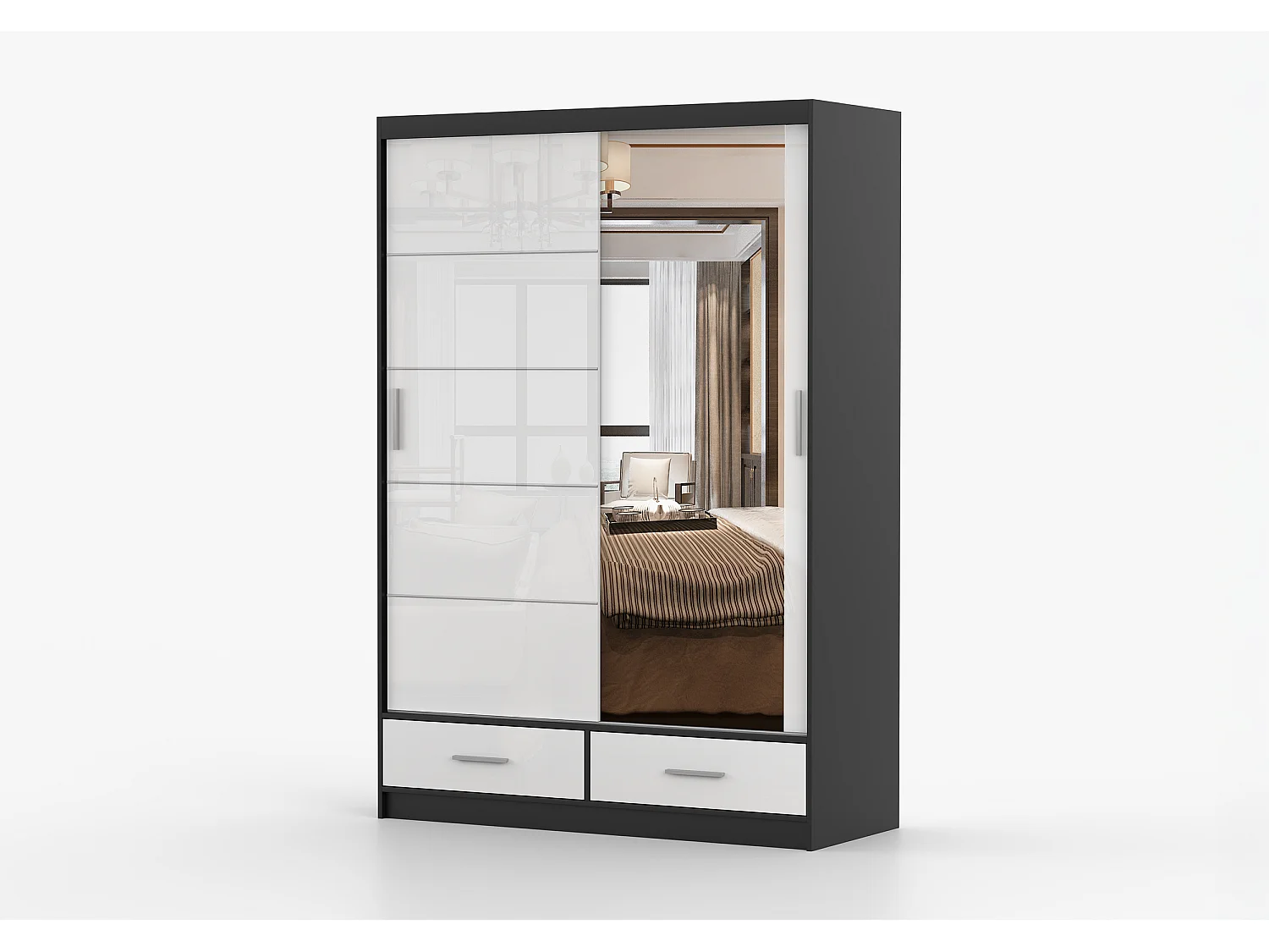Armoire Saphina 150 cm avec miroir - Noir - Blanc