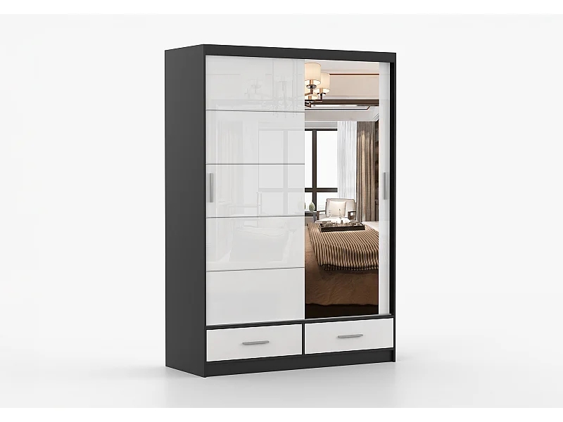 Armoire Saphina 150 cm avec miroir - Noir - Blanc