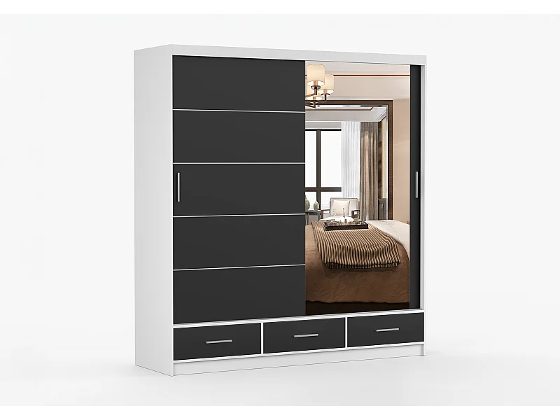 Armoire Solian 203 cm avec miroir - Blanc - Noir