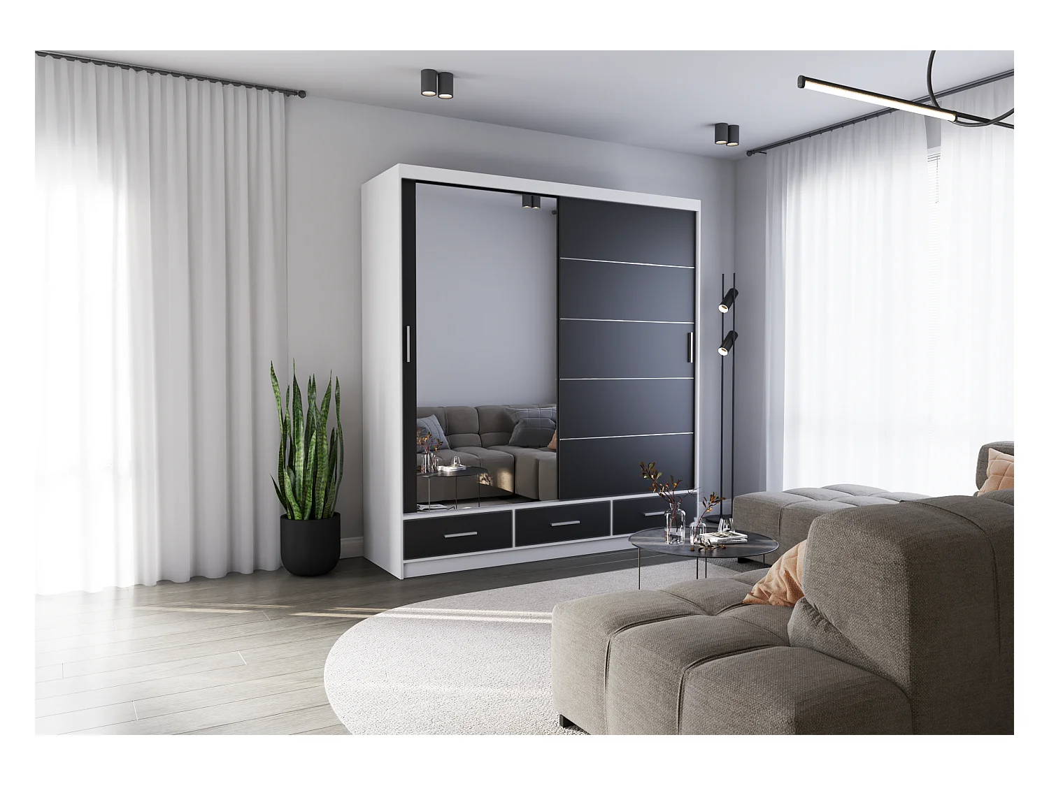 Armoire Solian 203 cm avec miroir - Blanc - Noir