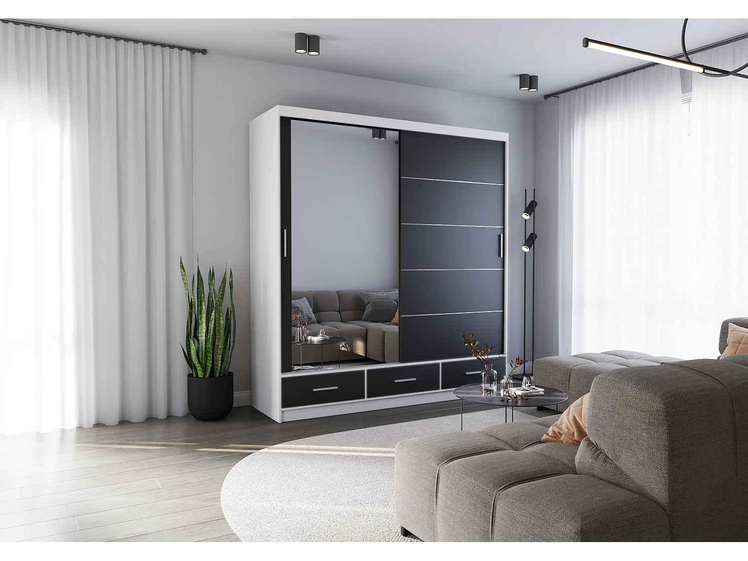 Armoire Solian 203 cm avec miroir - Blanc - Noir