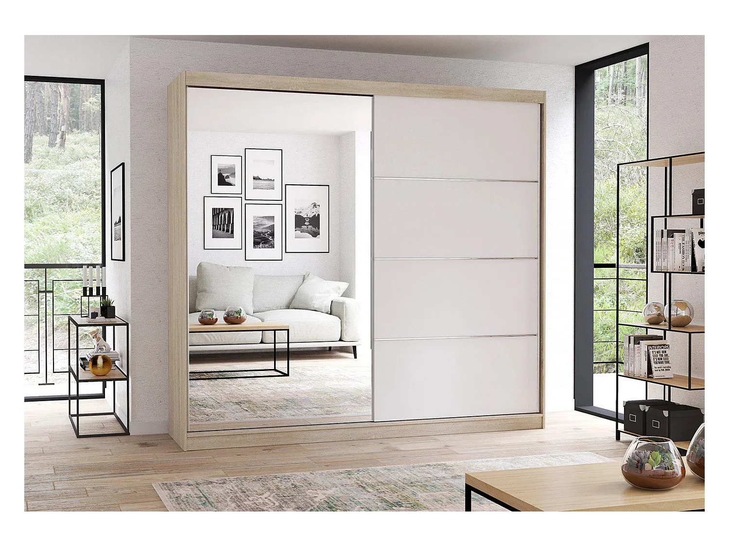 Armoire Léandra 203 cm avec miroir - Chêne - Blanc