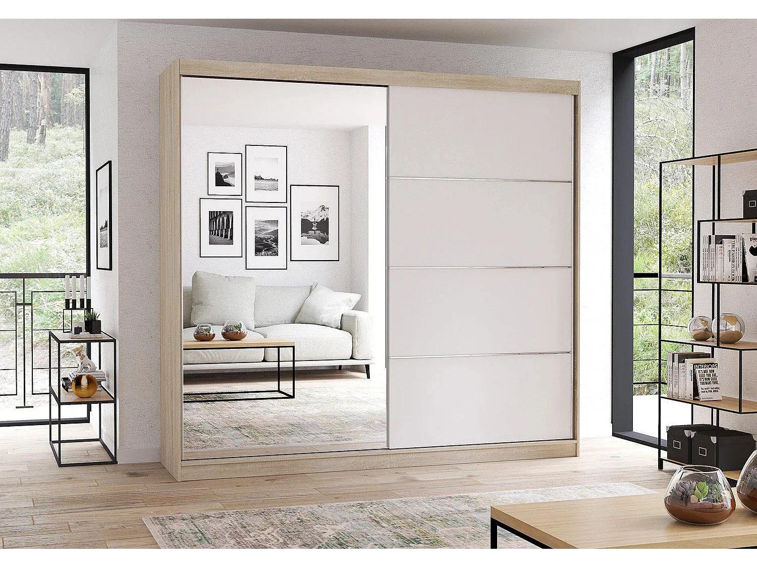 Armoire Léandra 203 cm avec miroir - Chêne - Blanc