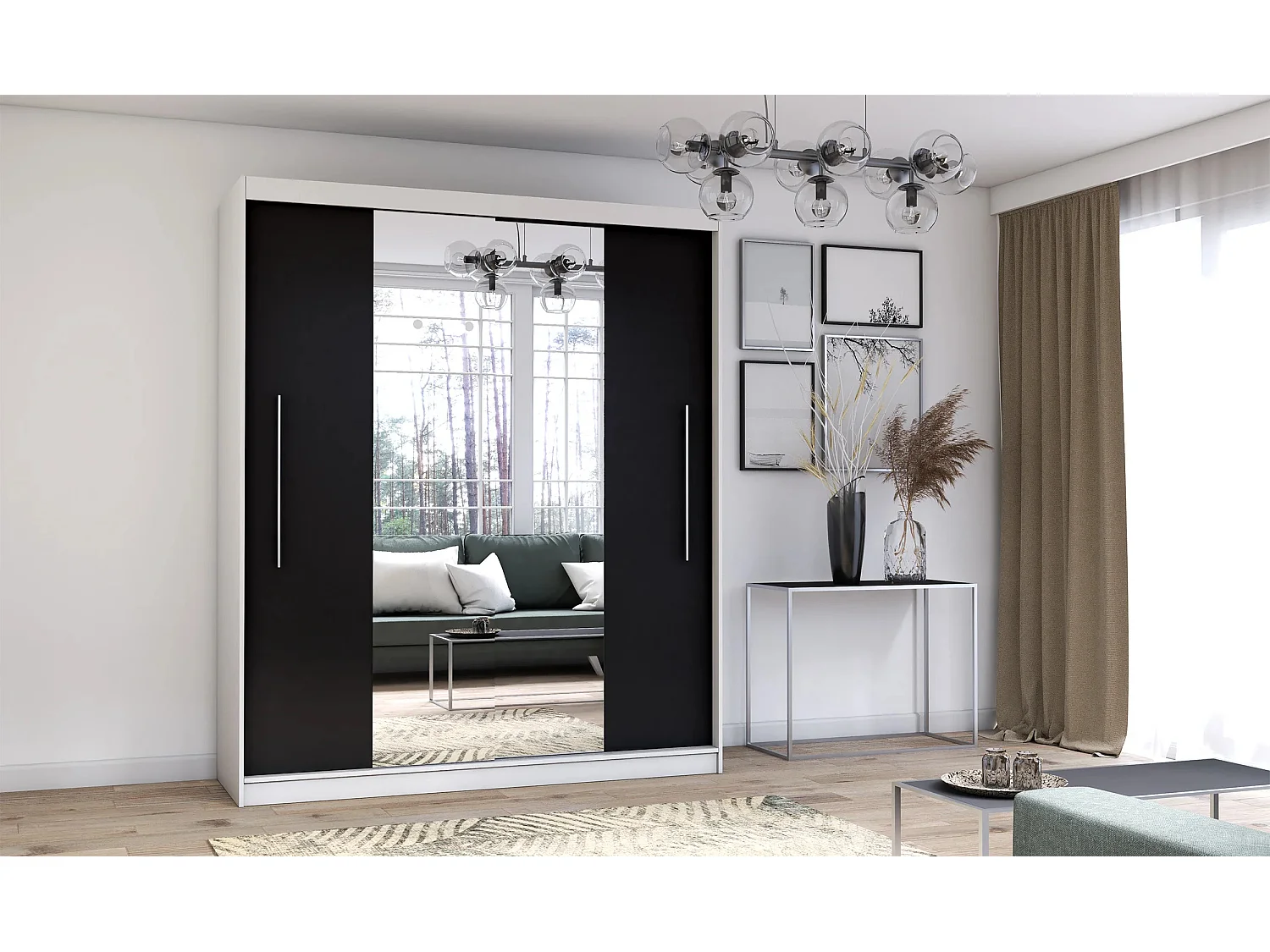 Armoire Eireen I 203 cm avec miroir - Blanc - Noir