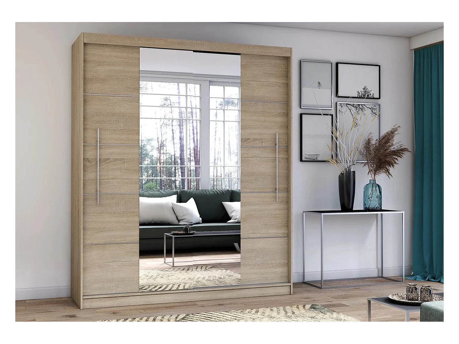 Armoire Orelia 203 cm avec miroir - Chêne