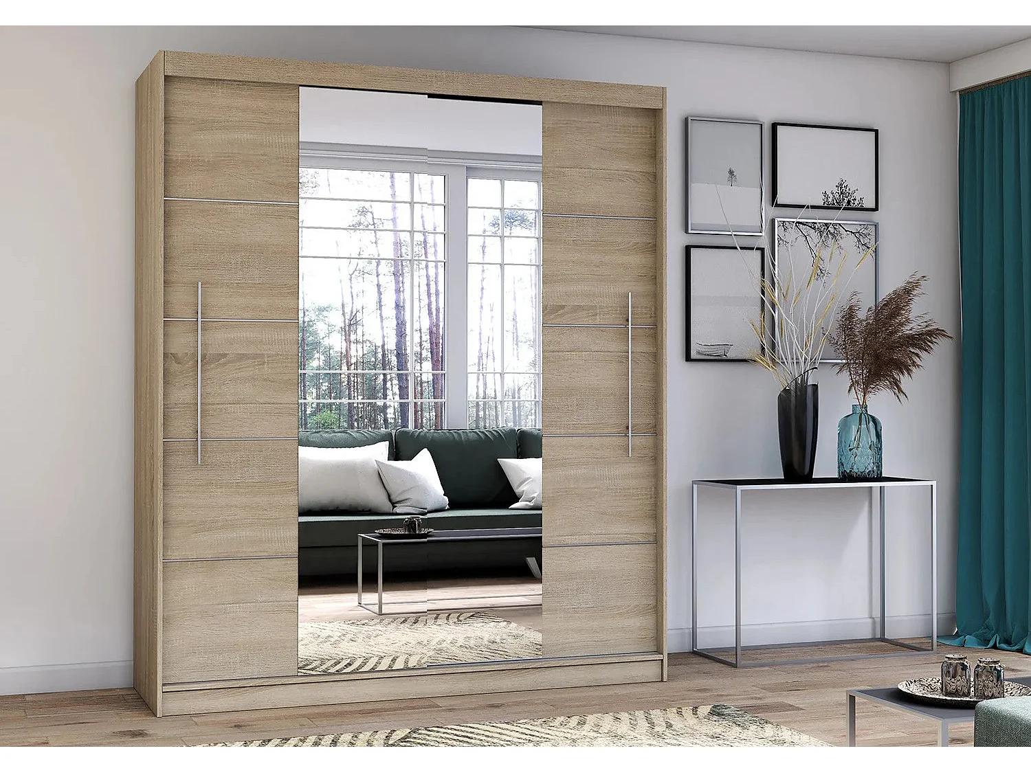 Armoire Orelia 203 cm avec miroir - Chêne