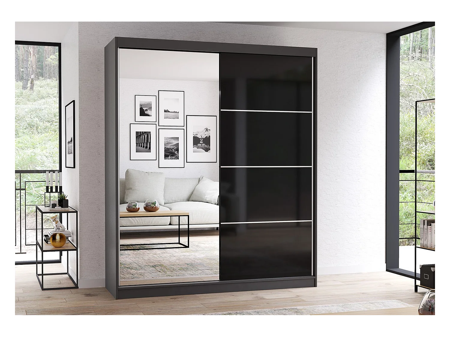 Armoire Calypso 183 cm avec miroir - Gris - Noir