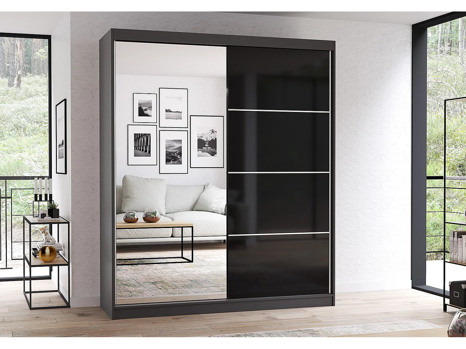 Armoire Calypso 183 cm avec miroir - Gris - Noir