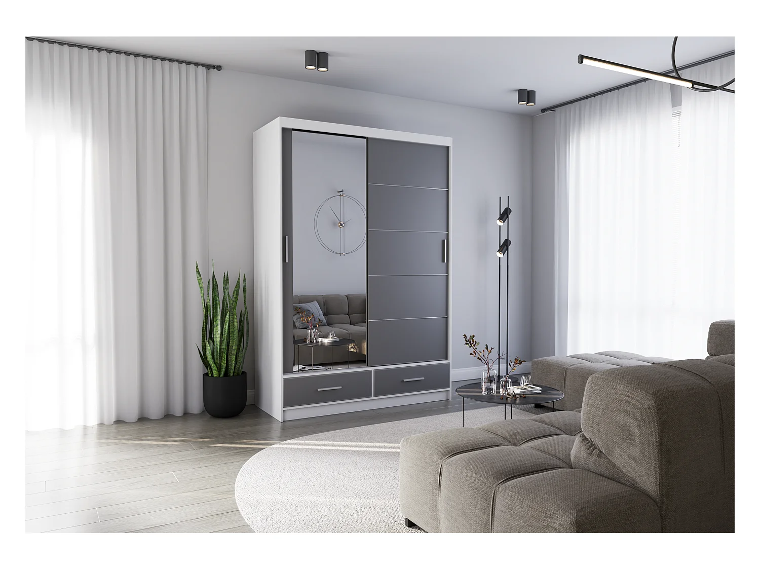 Armoire Silvana 150 cm avec miroir - Blanc - Gris
