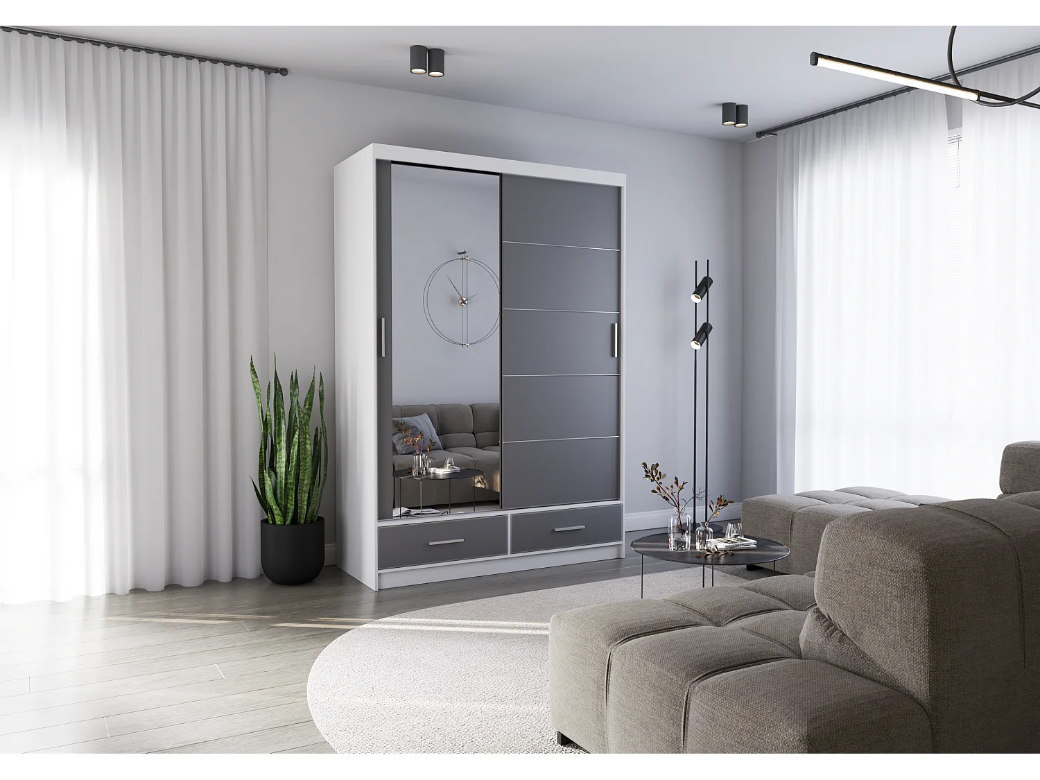 Armoire Silvana 150 cm avec miroir - Blanc - Gris