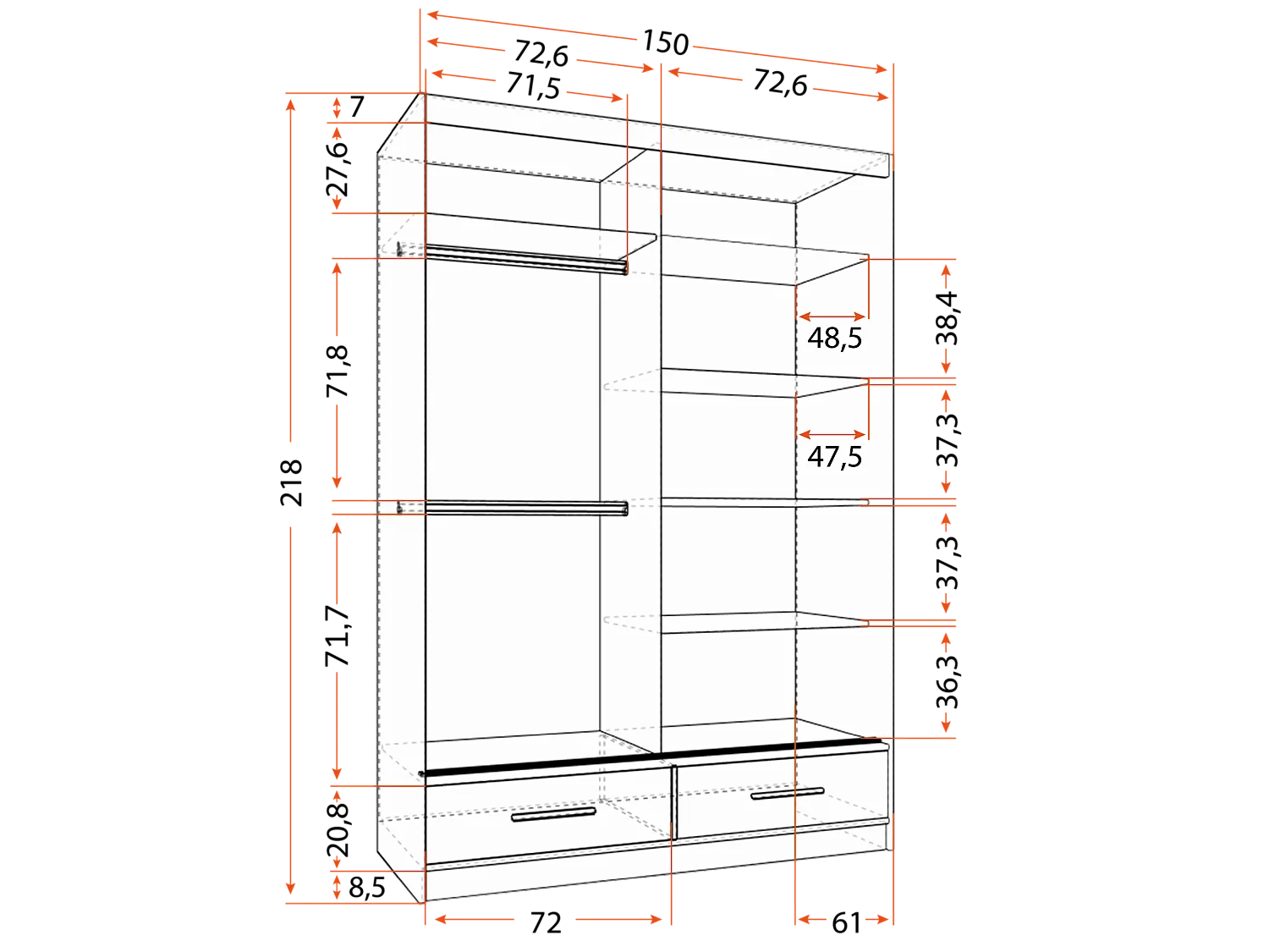 Armoire Silvana 150 cm avec miroir - Blanc - Gris