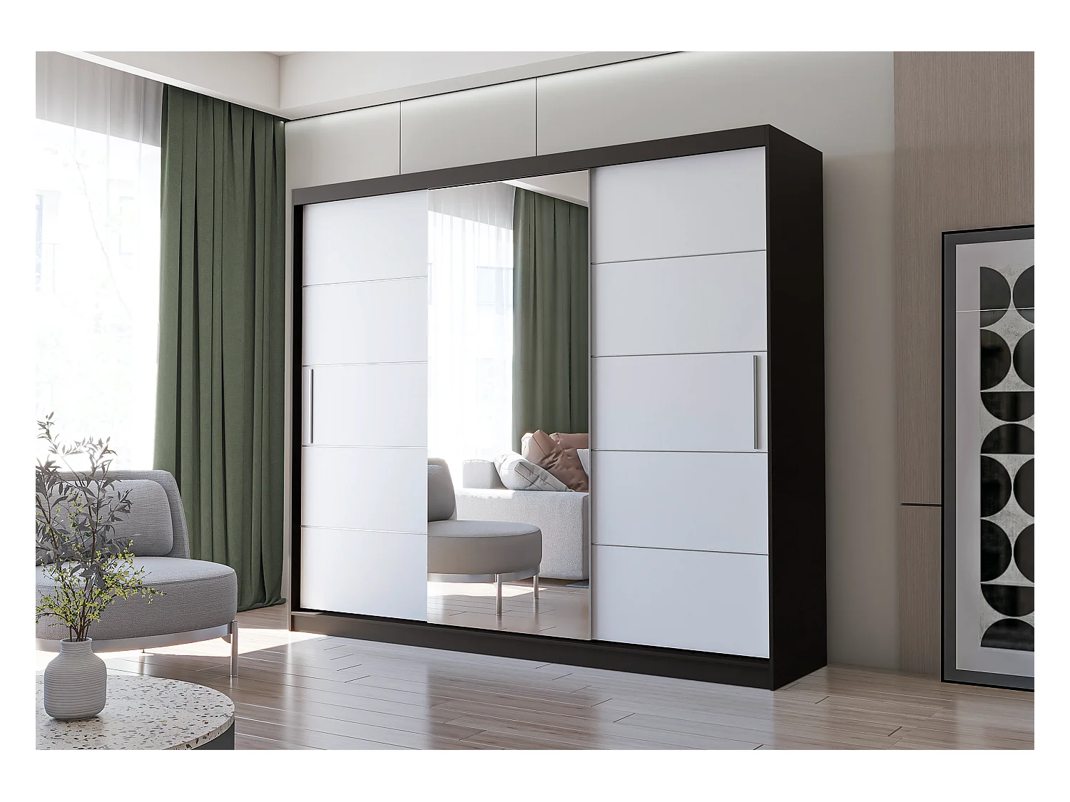 Armoire Théana avec miroir 250 cm - Noir - Blanc