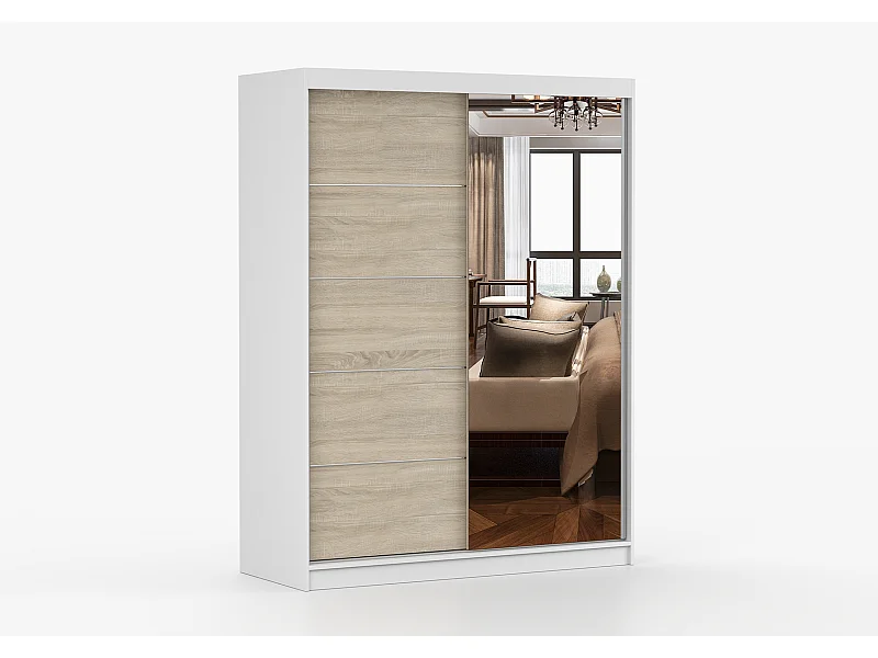 Armoire Vaiana 150 cm avec miroir - Blanc - Chêne